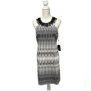 Adrianna Papell Black and White Beaded Neckline Shift Dress Size 12 NWT